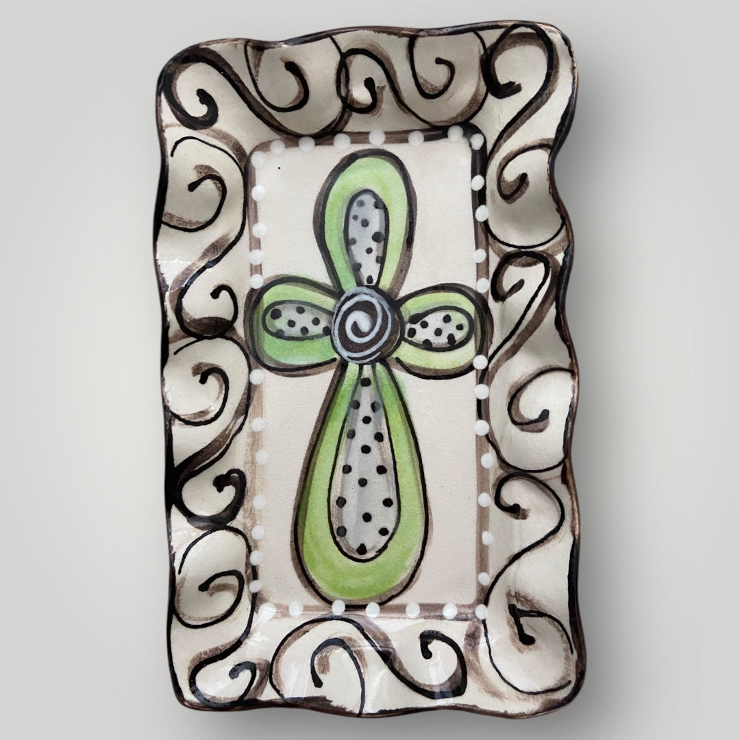 Rectangle Ruffle Tray - Lime Cross with Swirls #1 - Heartfelt Traditions Pottery