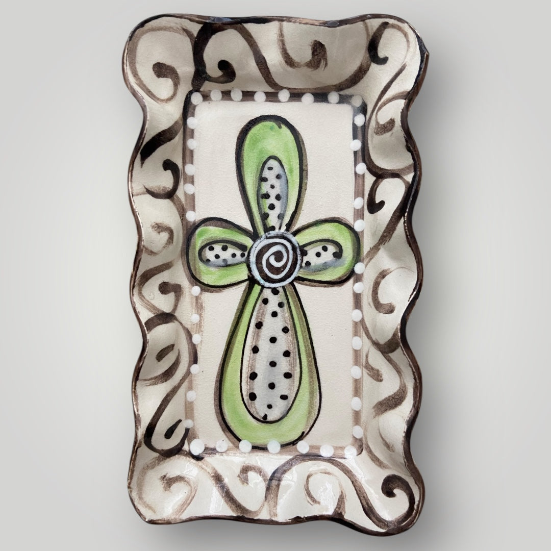 Rectangle Ruffle Tray - Lime Cross with Swirls #3 - Heartfelt Traditions Pottery
