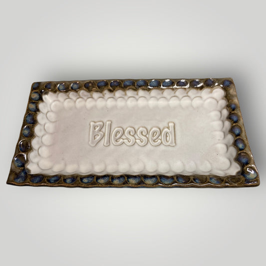 Rectangular Monogrammed Blessed Plate - Ivory Linen - Fingerprint Pottery