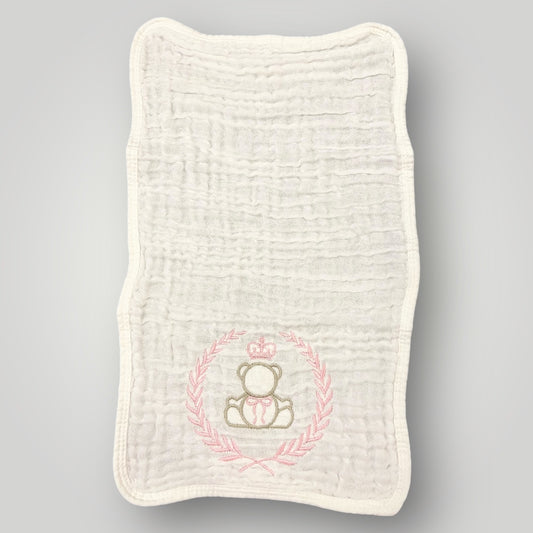 Regal Crowned Bear & Laurel - Pink - Burp Cloth