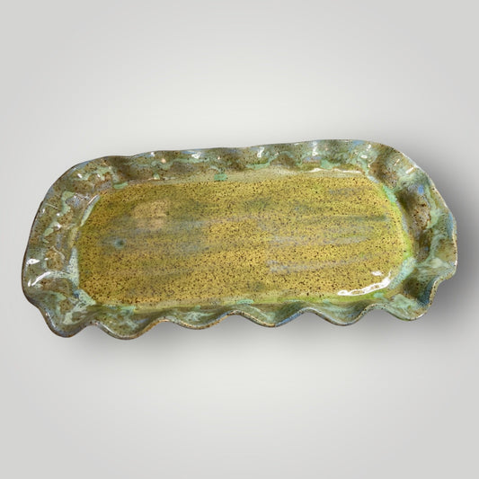Ruffle Tray in Lime, Teal, Plaid & Brown Speckle - Heartfelt Traditions Pottery