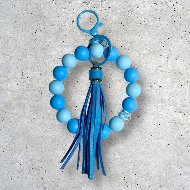 Shades of Blue beaded wristlet keychain with blue bead mix