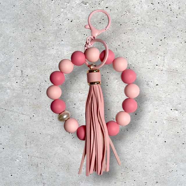 Shades of Pink beaded wristlet keychain with pink bead mix