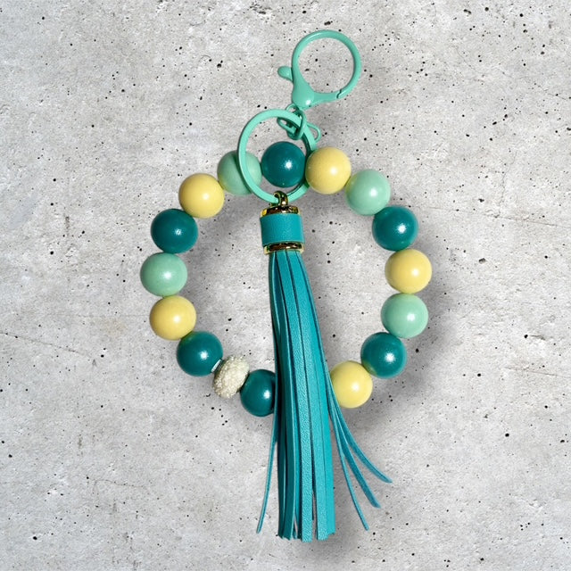 Shades of Teal & Yellow beaded wristlet keychain with teal and yellow beads