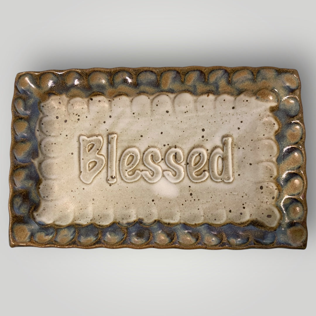 Small Rectangular Plate - Blessed - Ivory Linen - Fingerprint Pottery