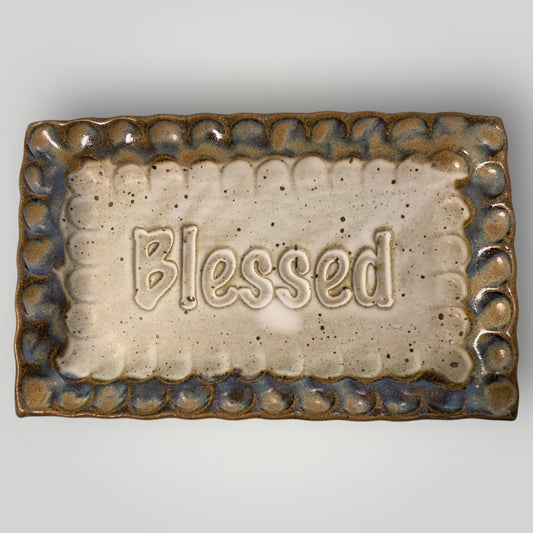 Small Rectangular Plate - Blessed - Ivory Linen - Fingerprint Pottery