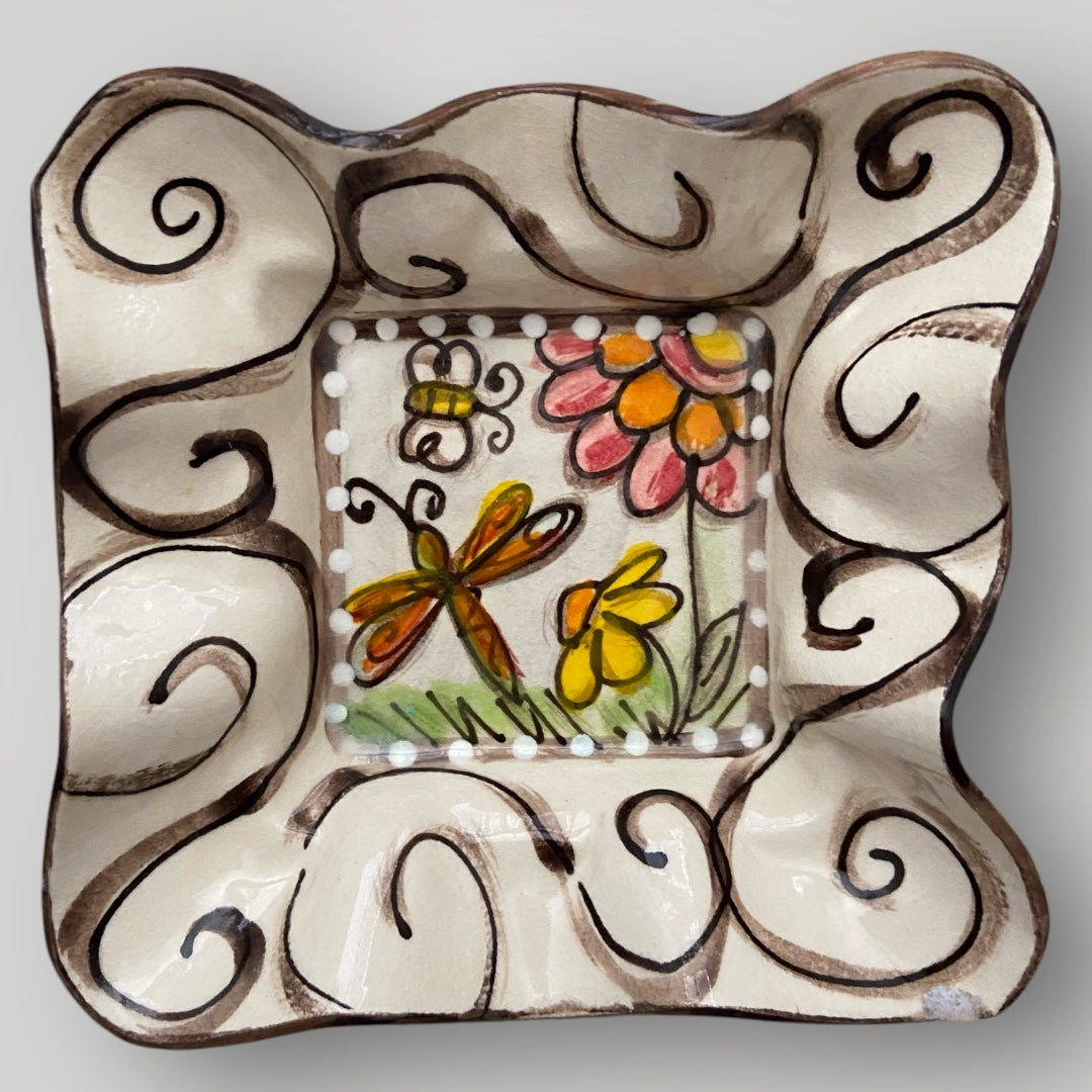 Square Ruffle Bowl with Dragonfly and Swirls - Heartfelt Traditions Pottery