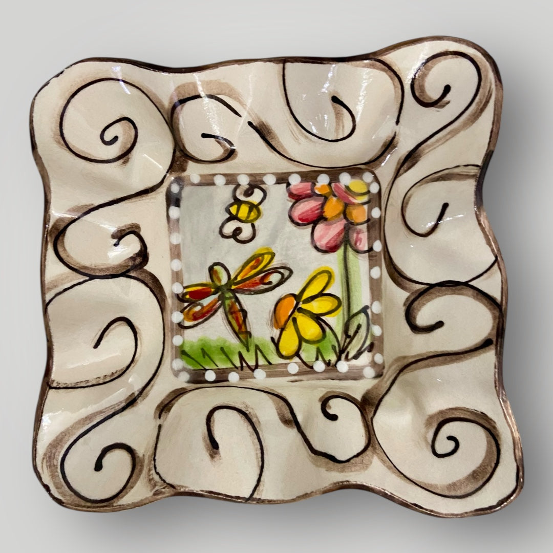 Square Ruffle Bowl - Dragonfly & Bee with Swirls #1 - Heartfelt Traditions Pottery