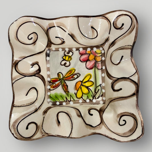 Square Ruffle Bowl - Dragonfly & Bee with Swirls #1 - Heartfelt Traditions Pottery