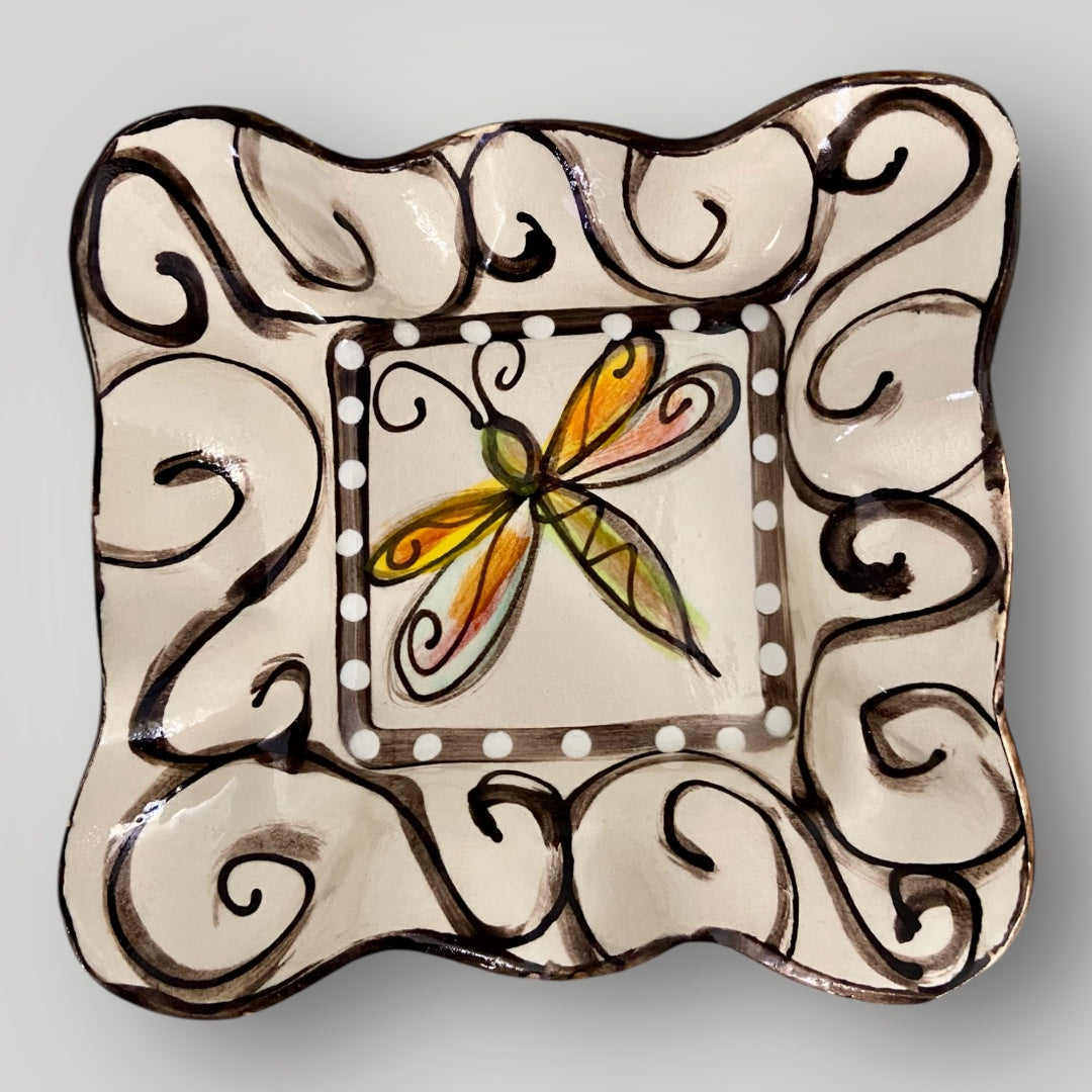 Square Ruffle Dish with Dragonfly #2 - Heartfelt Traditions Pottery