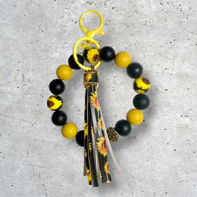 Sunflower beaded wristlet keychain with sunflower bead design
