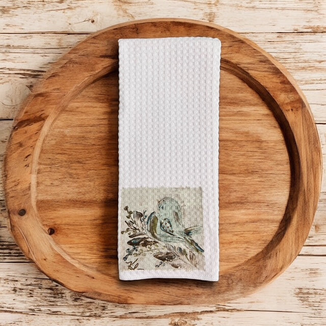 Teal Bird on Branch Kitchen Waffle Towel