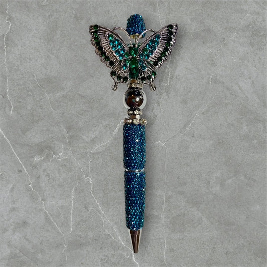 Timeless Teal Butterfly beaded pen with teal beads and butterfly charm