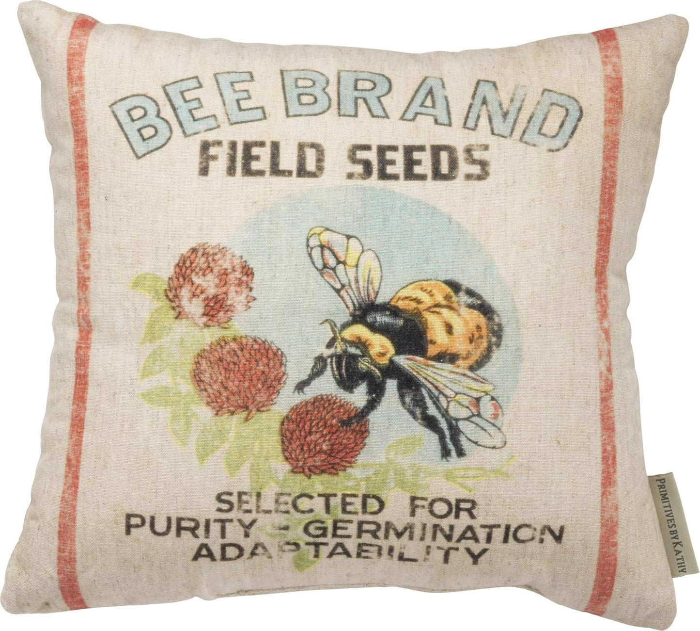 Decorative pillow with bee and field seeds design on a white background
