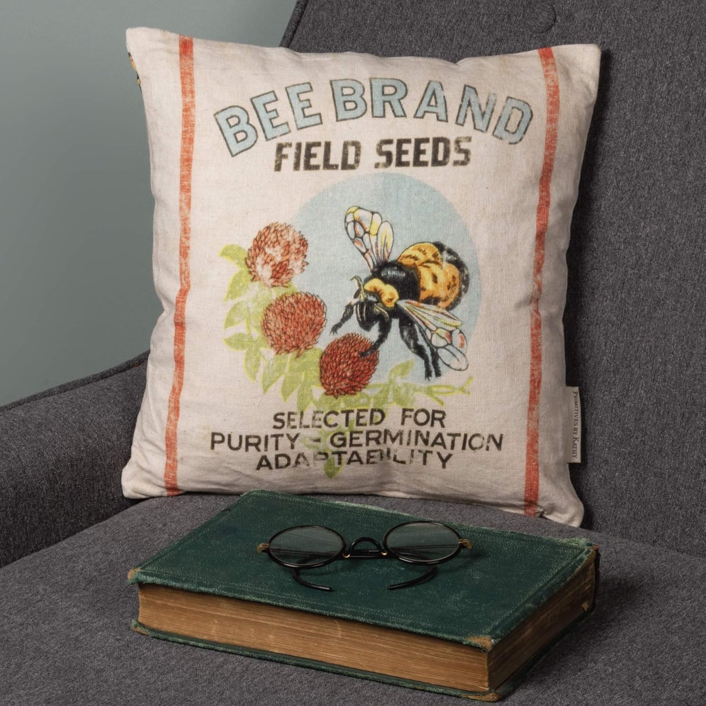Feedsack‑Inspired Bee Brand Pillow — Linen/Cotton Blend, 12x12