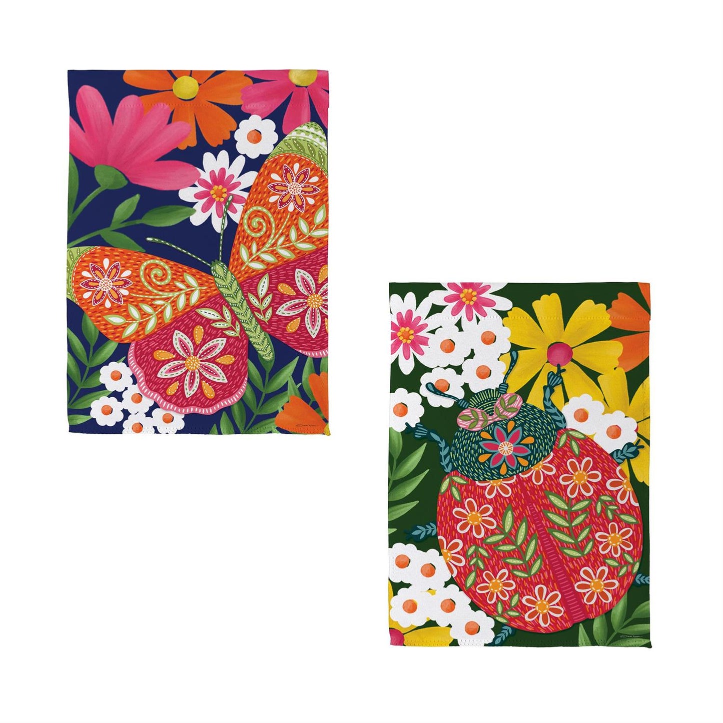 Butterfly and ladybug among colorful blooming flowers