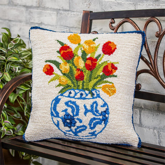 Chinoiserie Bloom Tulip Indoor/Outdoor Hooked Pillow 18"x18"