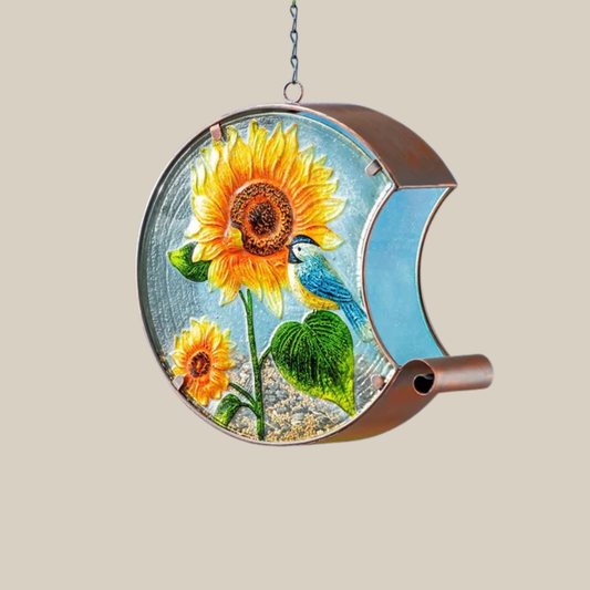 Hand‑Painted Glass Bird Feeder with Sunflowers & Songbird Art – Garden Decor Gift