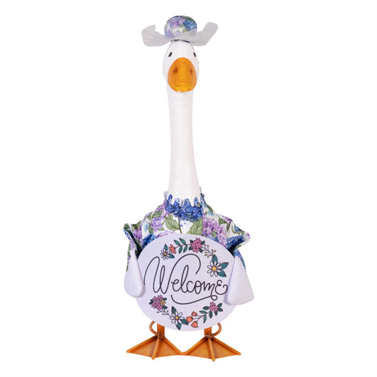 Porch goose outfit with hydrangea dress and matching floral hat