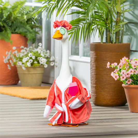 Porch goose outfit featuring relaxation theme with robe and towel